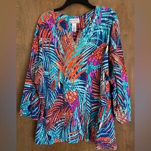 Alfred Dunner Woman Long Sleeve Top Tropical Parrot Palm Leaf Print Mosaic 3X